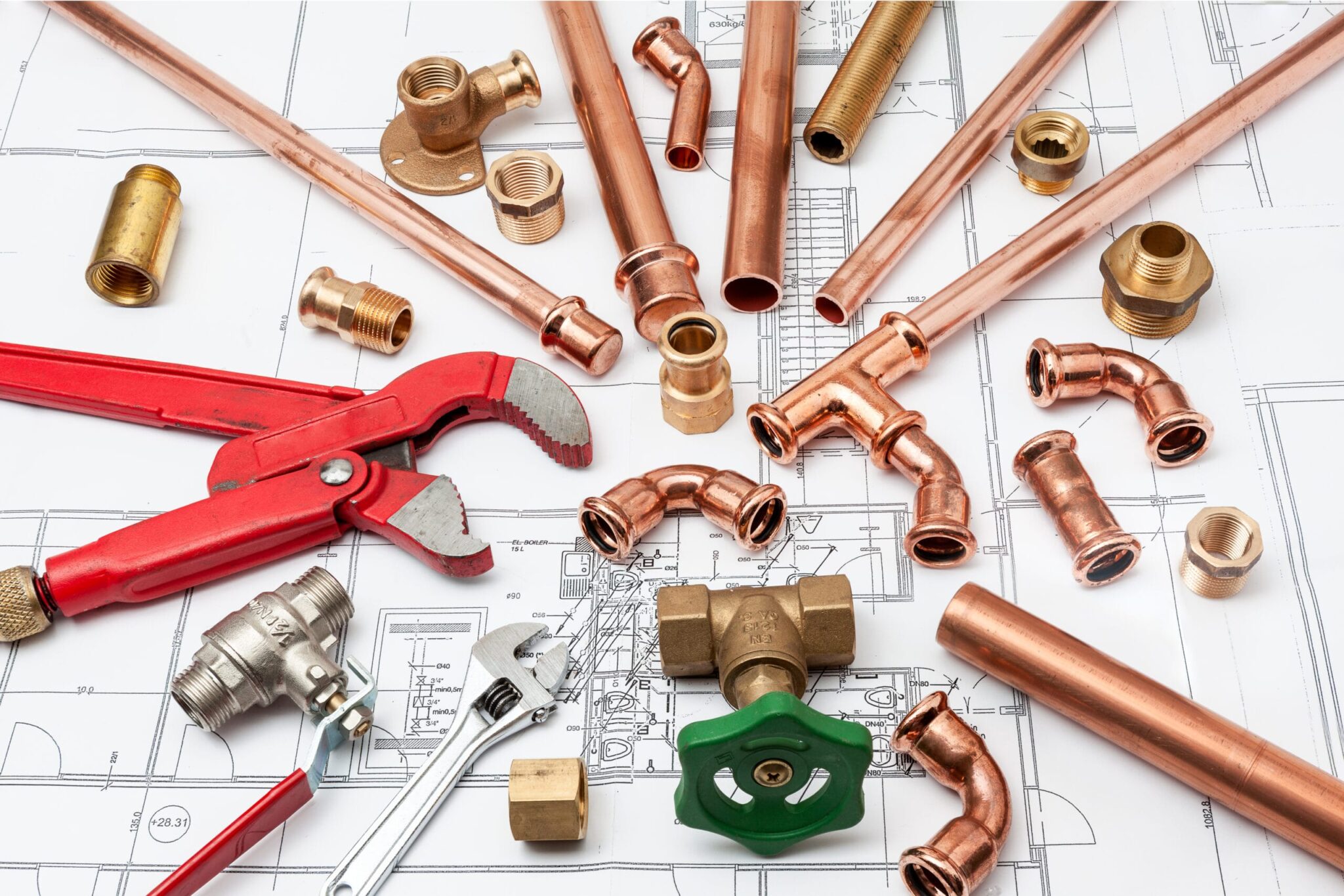 Copper pipes, fittings, valves, and plumbing tools in Fountain