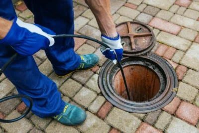 Plumber cleaning an outdoor sewer drain in Fountain